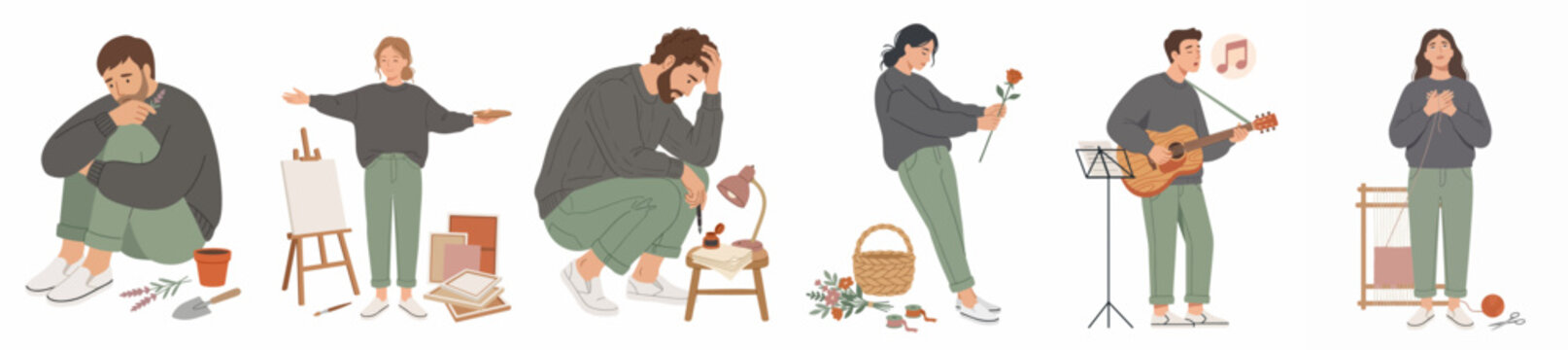 Flat illustration set of people engaged in various creative hobbies including gardening, painting, reading, flower arranging, playing guitar, and knitting for mental well-being.