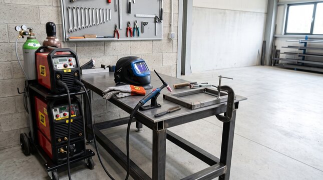 Welding equipment and tools in a workshop, metal fabrication and industrial work