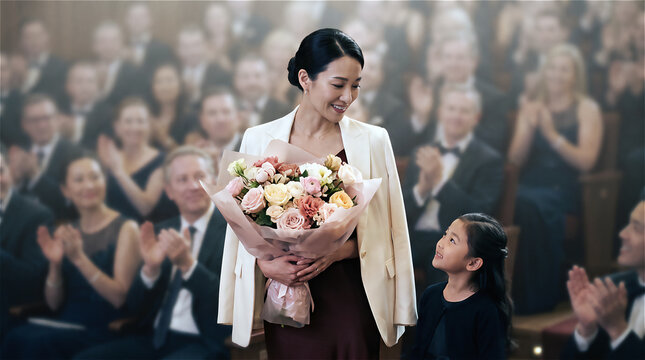 Elegant woman holding flower bouquet receiving standing ovation from audience