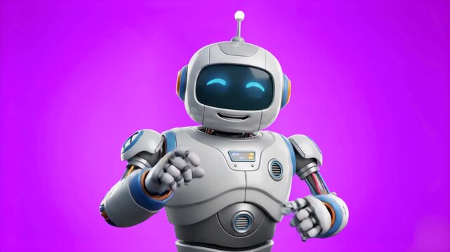 A friendly 3D futuristic white robot character with happy digital eyes speaking and gesturing cheerfully, set against a vibrant purple studio backdrop. Great for AI technology explainers, futuristic p