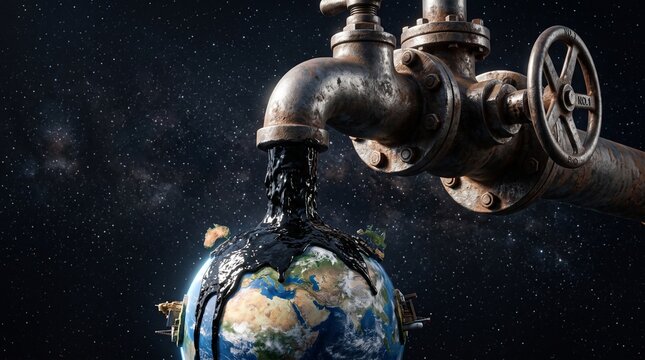 The Earth Draining: Crude oil pours from a rusty industrial pipe onto the planet Earth, symbolizing environmental pollution and resource depletion.