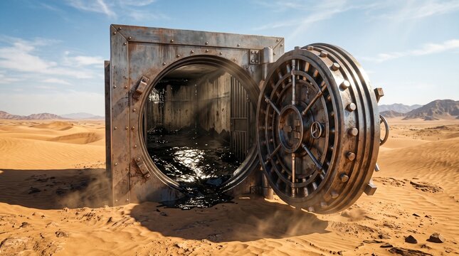 Abandoned Vault in Desert: An imposing, rusted vault door stands ajar in the desolate vastness of a sandy desert, hinting at forgotten riches or lost treasures.