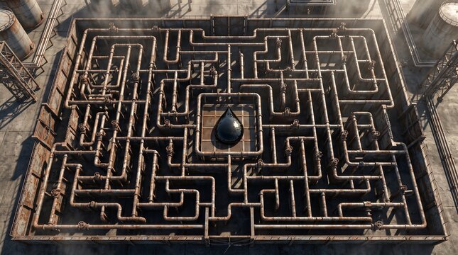 The Maze Core: A challenging industrial maze with a mysterious dark orb at its center, set against a backdrop of weathered metal and pipes, evoking a sense of mystery and intellectual pursuit.