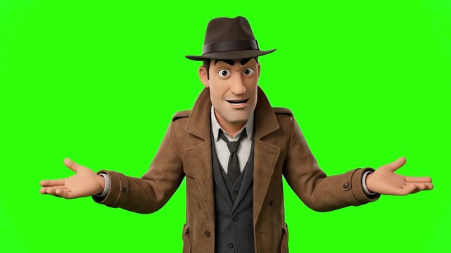 A sharp 3D detective character in a fedora hat and trench coat talking and gesturing while solving a case isolated on a solid green chroma key background. Suitable for mystery gaming trailers, crime i