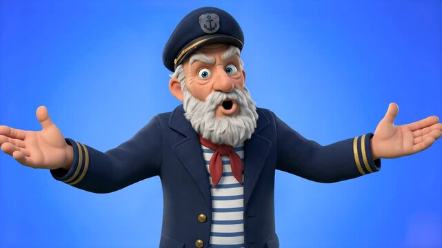 An expressive 3D animated old sea captain with a white beard, peacoat, and captain hat talking with open arms in a surprised or welcoming expression, set against a solid blue studio backdrop. Perfect 