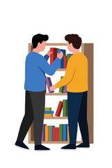 Obraz premium Two young men organizing and arranging colorful books on a tall wooden bookshelf in a flat vector illustration style, sharing a quiet afternoon of reading and tidying together