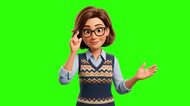 A friendly 3D cartoon woman teacher in glasses and a sweater vest talking while gently adjusting her glasses frames, isolated against a bright chroma key green screen background. Perfect for education