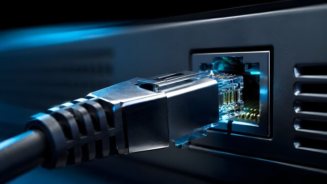 Macro close up of ethernet cable connecting into network switch port with futuristic blue lighting for high speed internet data transfer.