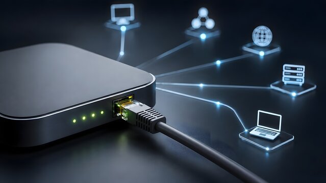 Network router connected via ethernet cable with glowing digital lines linking to computer server and globe icons representing global internet connectivity.
