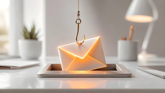 A glowing white email envelope hooked by a fishing hook on a white office desk illustrating phishing and cyber fraud.
