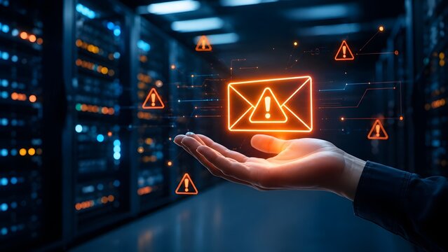 Hand holding a glowing orange email warning icon with floating alert triangles in a dark server room setting.
