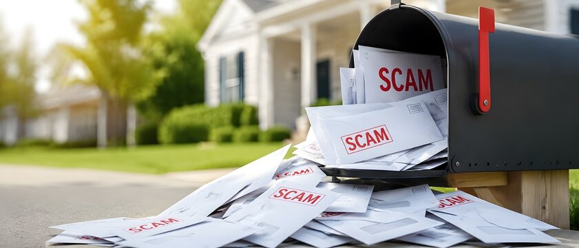 Black residential mailbox overflowing with white envelopes stamped with red scam text on a sunny suburban street.
