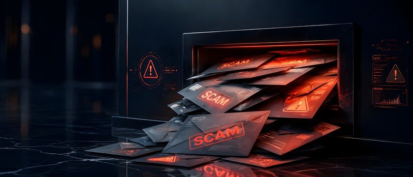 Black envelopes stamped with red glowing scam text spilling out of a dark slot on a black metallic surface.