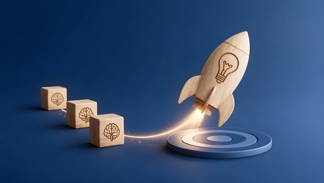 Wooden toy rocket with lightbulb launching from a target leaving a glowing trail and brain blocks behind concept of innovative success.