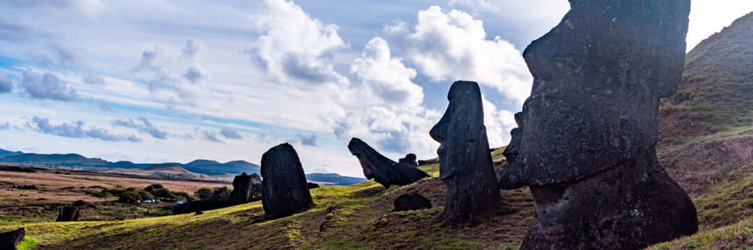 Moai Statues at Rano Raraku Quarry on the Volcanic Slopes of Easter Island, Rapa Nui, Chile