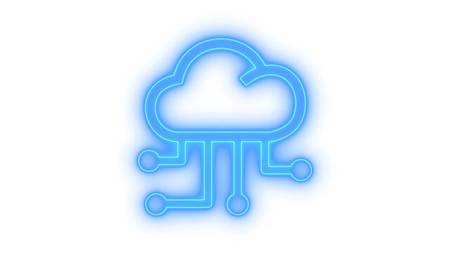 Modern colorfull neon icon of a digital computing cloud with server connection lines representing global network database technology isolated on transparent background