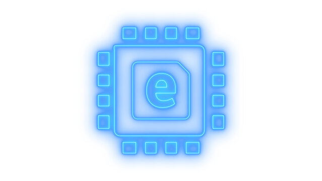 Glowing colorful neon esim card microchip icon, electronic chip symbol for mobile connectivity and digital cellular network isolated on transparent background