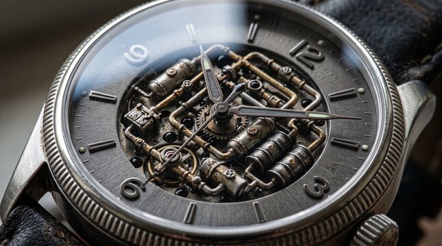 Vintage Mechanical Watch Close-up: A detailed macro shot of an intricate vintage mechanical watch, showcasing its complex gears, springs, and ticking mechanism beneath a clear glass face.