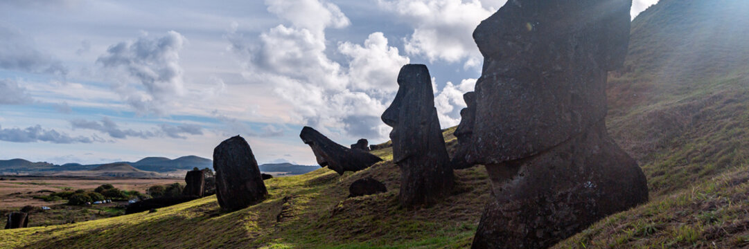 Moai Statues at Rano Raraku Quarry on the Volcanic Slopes of Easter Island, Rapa Nui, Chile
