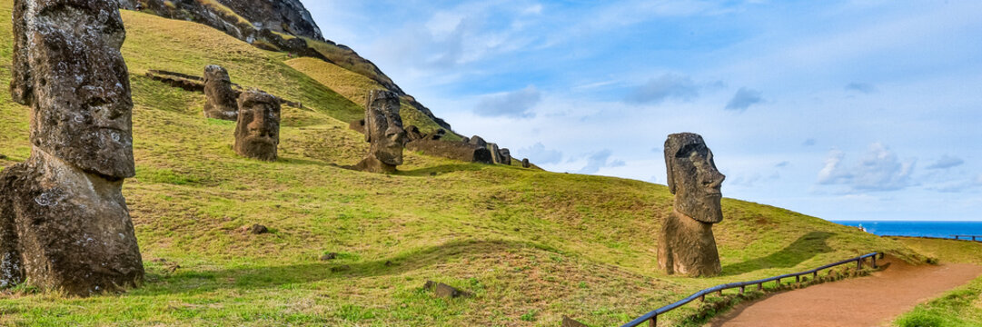 Moai Statues at Rano Raraku Quarry on the Volcanic Slopes of Easter Island, Rapa Nui, Chile
