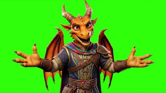 A friendly 3D dragon anthropomorphic character with wings spread out talking and gesturing warmly, isolated on a solid green chroma key background. Great for fantasy animations, mobile game promos, st