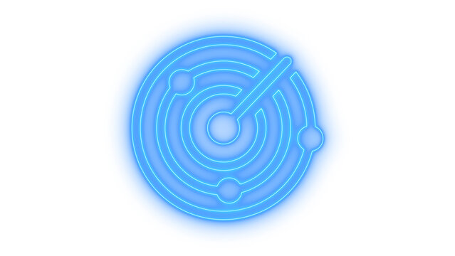 Colorful neon radar icon screen with sonar signal targets sweep line and concentric circles navigation system isolated on transparent background for creative vector design.