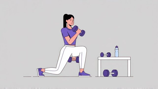 Flat vector illustration of a young athletic woman performing lunges with dumbbells in gym setting