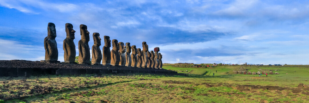 Moai Statues at Ahu Tongariki Standing in a Row Against a Twilight Sky on Easter Island, Valparaiso, Chile