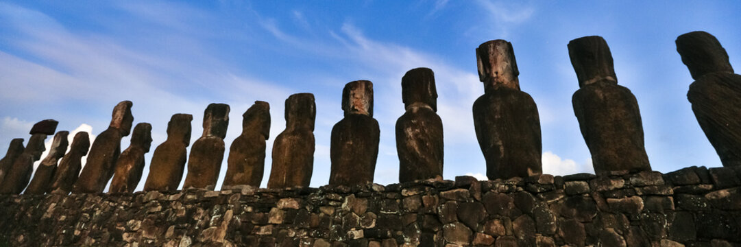 Moai Statues at Ahu Tongariki Standing in a Row Against a Twilight Sky on Easter Island, Valparaiso, Chile