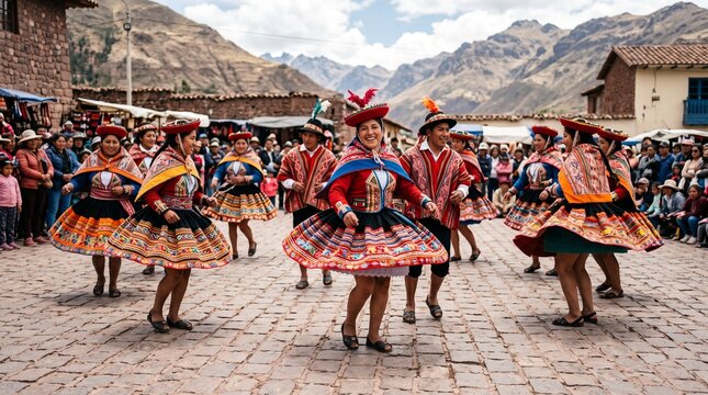 Traditional Andean dancers performing in a colorful festival in Peru.