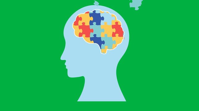 Medical vector animation displaying a human head profile with a colorful jigsaw puzzle brain, highlighting autism spectrum disorder (ASD), attention deficit hyperactivity disorder (ADHD), dyslexia