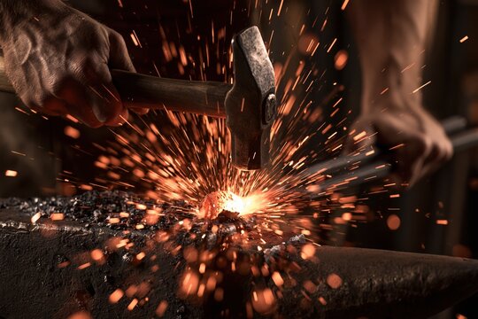 Blacksmith forging metal with hammer on anvil, creating sparks and heat in workshop