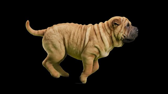 A wrinkled Shar Pei dog running with speed isolated on a dark black background. Suitable for animal documentaries, pet app advertisements, veterinary clinic banners, and high-quality motion design com
