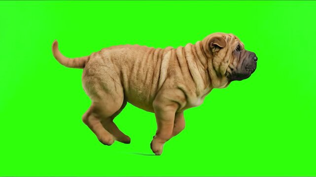 A wrinkled Shar Pei dog running or trotting forward isolated on a solid green chroma key background. Great for breed spotlight content, pet care marketing, veterinary service commercials, and keyable 