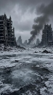 Post-Apocalyptic Landscape with Ruins and Smoke Rising Against a Gray Sky and Icy Terrain