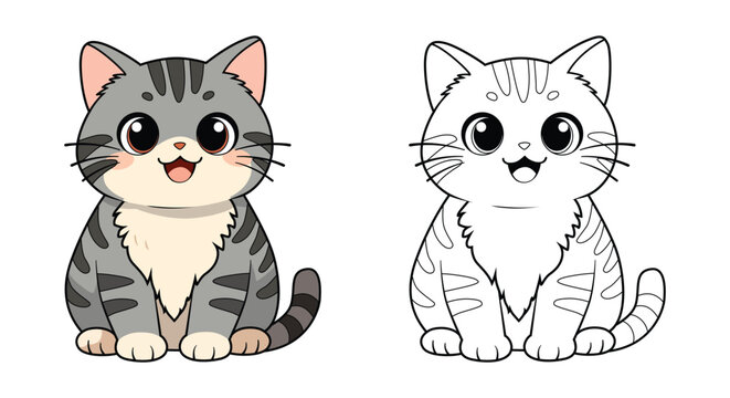 Cute cat cartoon character and black line outline coloring page set, little tabby kitten illustration isolated on white background for kids education book.