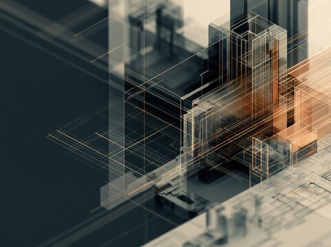Abstract Architectural Blueprint Design with Futuristic Digital Overlay and Geometric Structures
