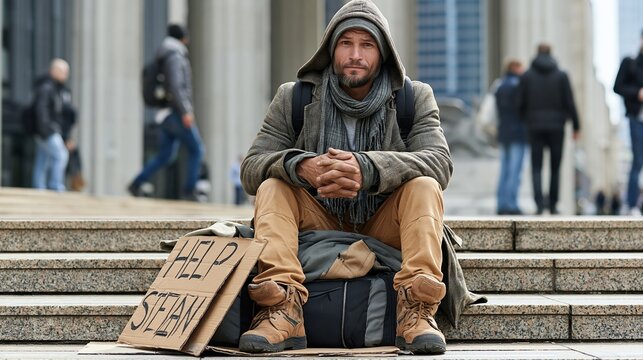 Homeless Man Sitting on Stairs with Help Sign, Reflecting Urban Poverty and Social Issues