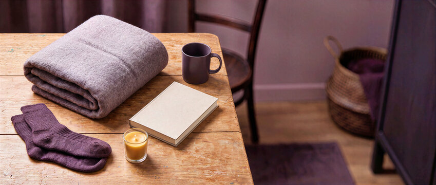 Folded mauve wool blanket on rustic wooden table with ceramic mug, blank hardcover book, purple knit socks and lit candle. Cozy home atmosphere background with warm winter comfort accessories