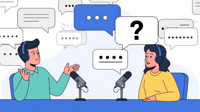 Illustration of a man and woman having a friendly conversation during a podcast recording session