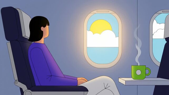 Illustration of a traveler looking out of an airplane window at the bright sunny sky