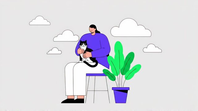 Minimalist flat illustration of a person lovingly holding and hugging a black and white cat
