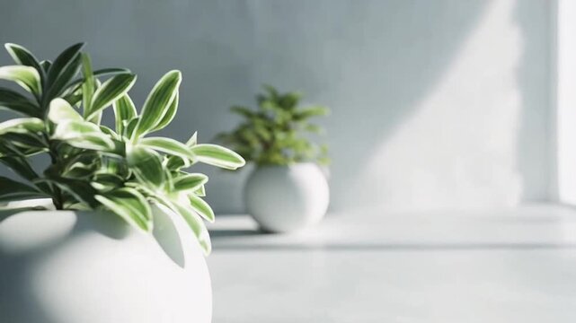 Potted succulent in round white vase on white table.