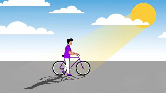 Minimalist vector illustration of a man walking with his bicycle on a sunny summer day