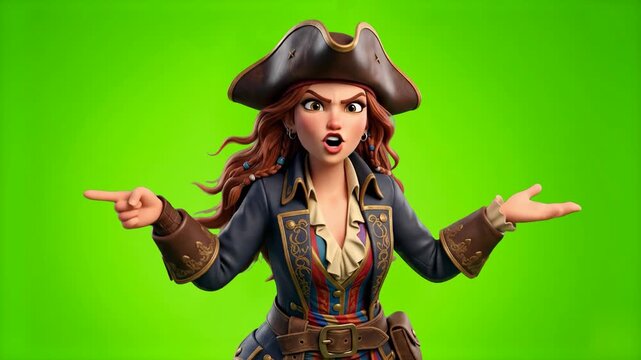 A 3D animated female pirate captain in a hat shouting with an intense, angry expression while speaking and gesturing, isolated on a green screen background. Perfect for visual effects keying, RPG game