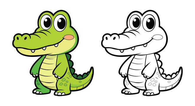 Cute crocodile cartoon character and black line outline coloring page set, little alligator illustration isolated on white background for kids education book.