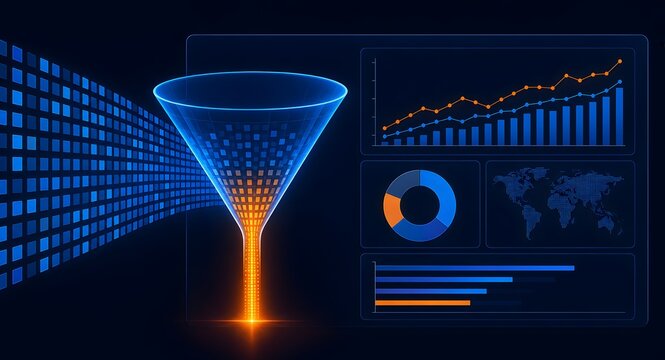 Data analytics conversion funnel processing digital information with business intelligence dashboard and global market statistics