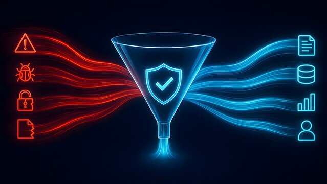 Cyber security data filtering concept with glowing neon funnel purifying digital threats into secure information