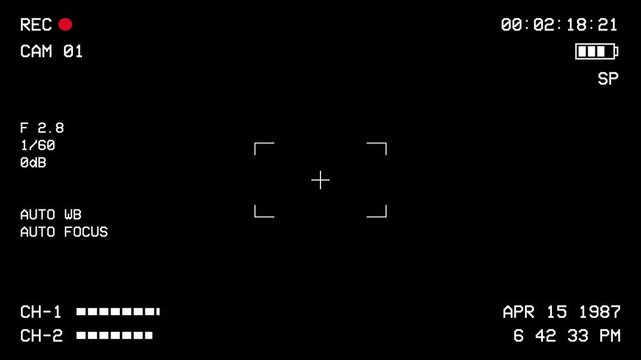 Minimalist Pixelated Camera Viewfinder Interface with Recording, Focus, Battery and Audio Indicators. Camera Viewfinder Minimalist Pixelated Interface for Filming Footage