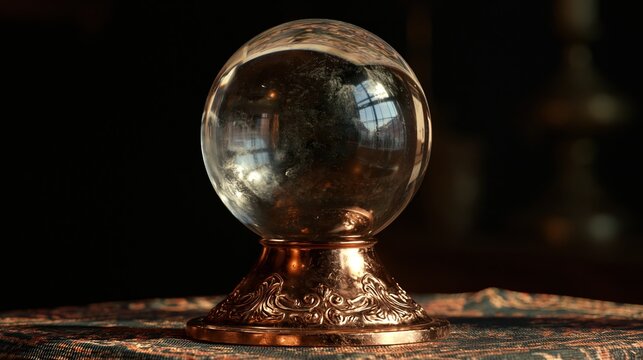 Mystical crystal ball on ornate stand, reflecting light and hinting at future possibilities